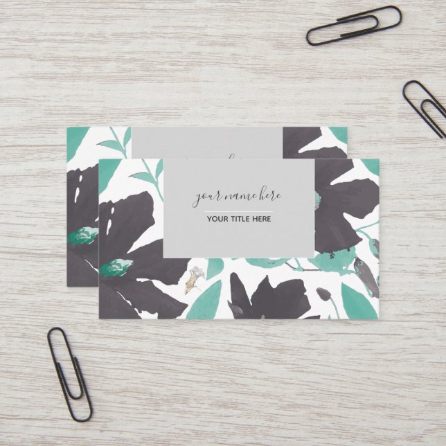 Clematis Gray Teal Floral Pattern Business Card (Front/Back In Situ)