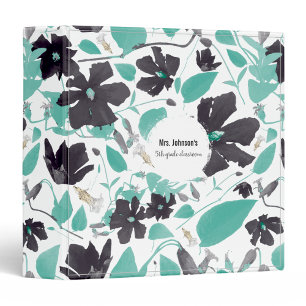 Clematis Gray Teal Watercolor Flowers Teacher 3 Ring Binder
