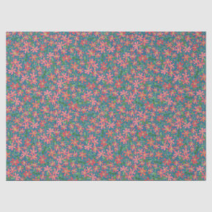 Clematis Pink, Red, Orange Floral on Dark Blue Tissue Paper