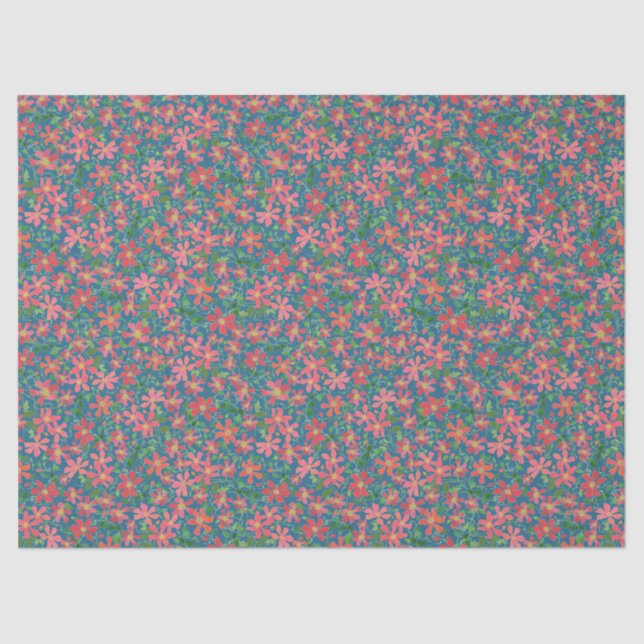 Clematis Pink, Red, Orange Floral on Dark Blue Tissue Paper (Front)