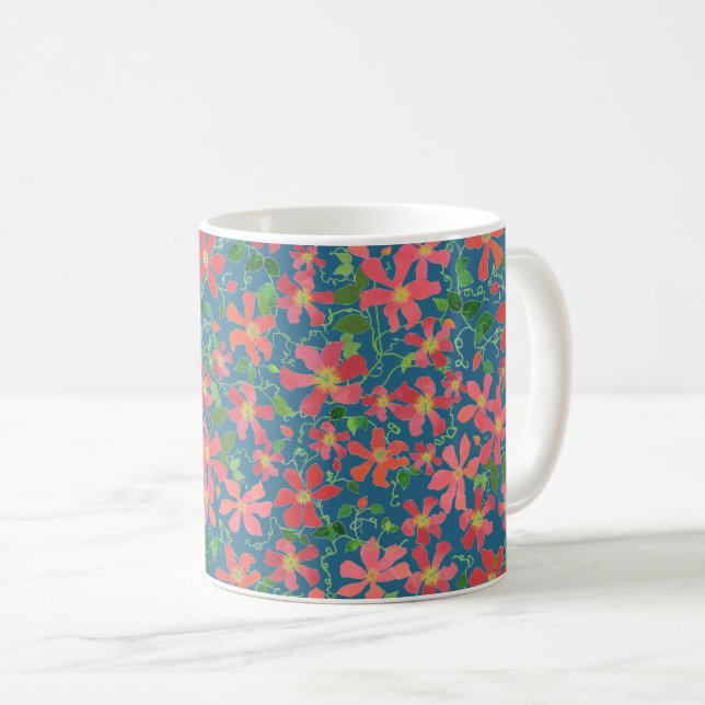 Clematis Pink, Red, Orange Floral on Deep Blue Coffee Mug (Front Right)