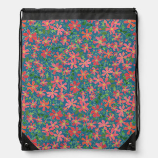 Clematis Pink, Red, Orange Floral on Deep Blue Drawstring Bag