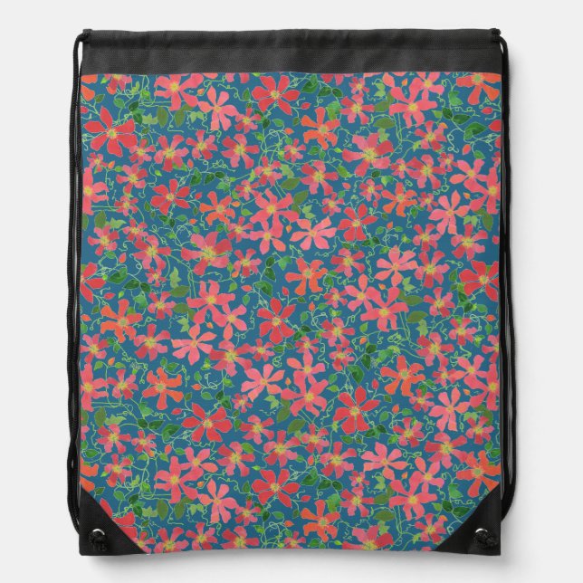 Clematis Pink, Red, Orange Floral on Deep Blue Drawstring Bag (Front)
