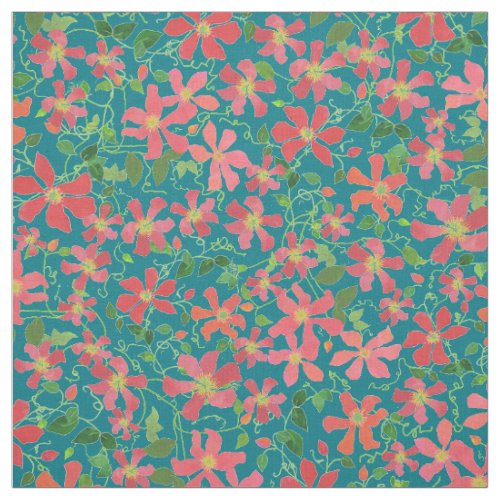 Clematis Pink Red Orange Floral on Deep Blue Fabric