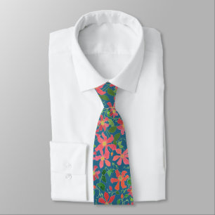 Clematis Pink, Red, Orange Floral on Deep Blue Tie