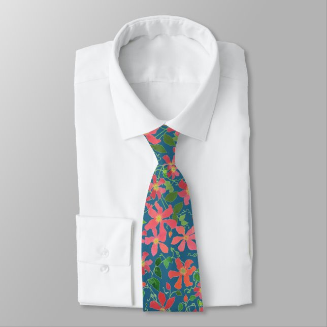 Clematis Pink, Red, Orange Floral on Deep Blue Tie (Tied)