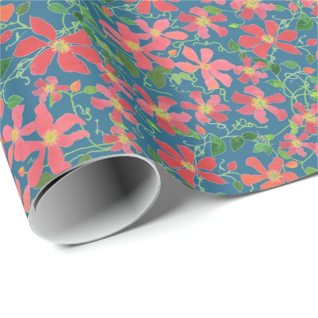 Clematis Pink, Red, Orange Floral on Deep Blue Wrapping Paper (Roll Corner)