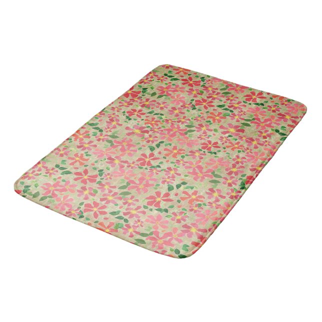 Clematis Pink, Red, Orange Floral Pattern on Taupe Bath Mat (Angled)