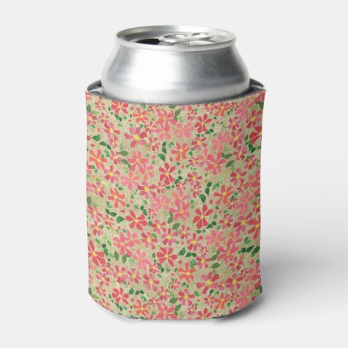 Clematis Pink Red Orange Floral Pattern on Taupe Can Cooler