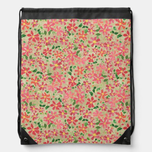 Clematis Pink Red Orange Floral Pattern on Taupe Drawstring Bag