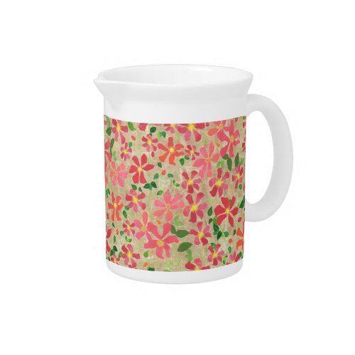 Clematis Pink Red Orange Floral Pattern on Taupe Drink Pitcher