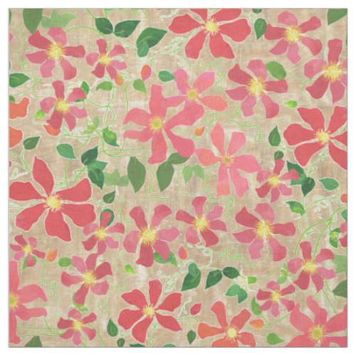 Clematis Pink Red Orange Floral Pattern on Taupe Fabric