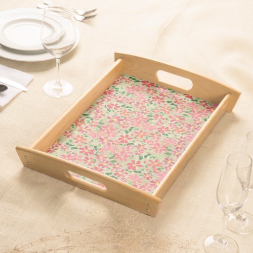 Clematis Pink Red Orange Floral Pattern on Taupe Serving Tray