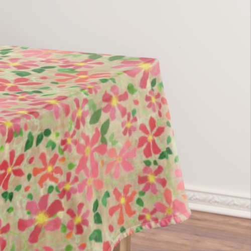 Clematis Pink Red Orange Floral Pattern on Taupe Tablecloth
