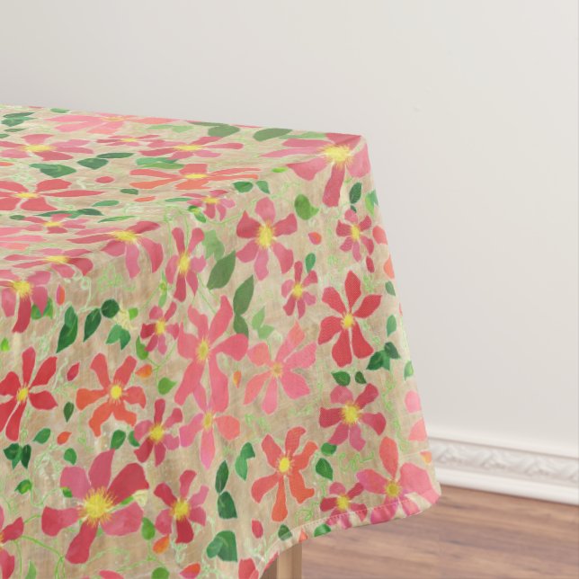 Clematis Pink, Red, Orange Floral Pattern on Taupe Tablecloth (In Situ)