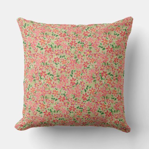 Clematis Pink Red Orange Floral Pattern on Taupe Throw Pillow