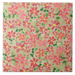 Clematis Pink, Red, Orange Floral Pattern on Taupe Tile