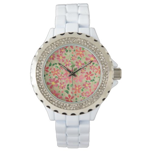 Clematis Pink Red Orange Floral Pattern on Taupe Watch