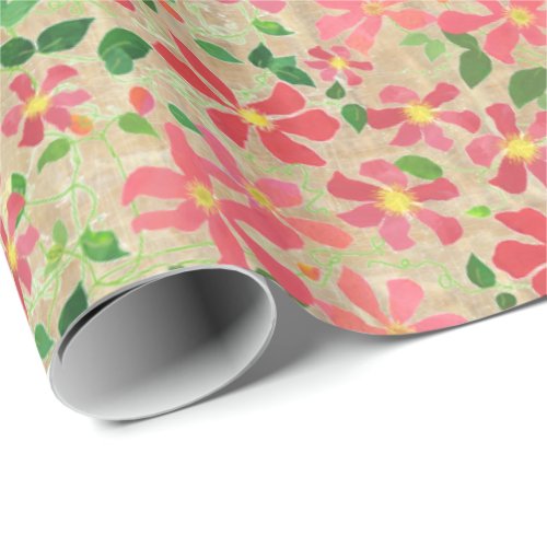 Clematis Pink Red Orange Floral Pattern on Taupe Wrapping Paper