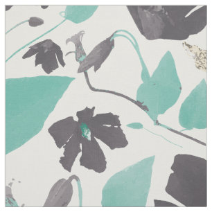 Clematis Teal Gray Brown Floral Pattern Fabric