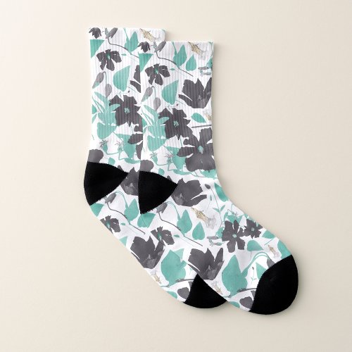 Clematis Vine Floral Gray Teal Watercolor Socks