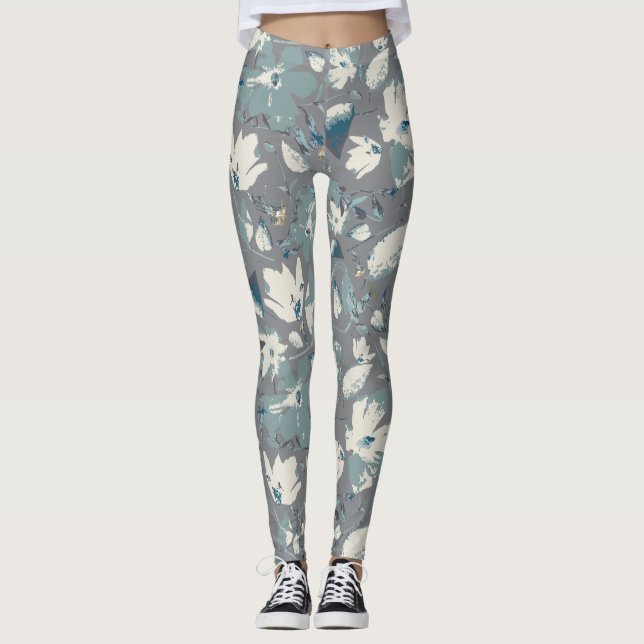 Clematis Vine Gray Blue Cream Watercolor Floral Leggings (Front)