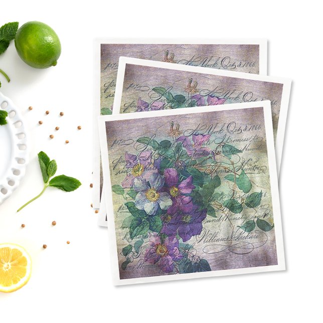 Clematis Vine Handwriting Ephemera Decoupage Paper Dinner Napkins (Creator Uploaded)
