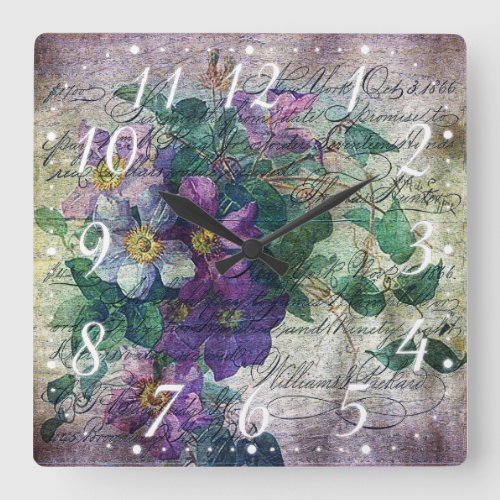 Clematis Vine Handwriting Ephemera Square Wall Clock