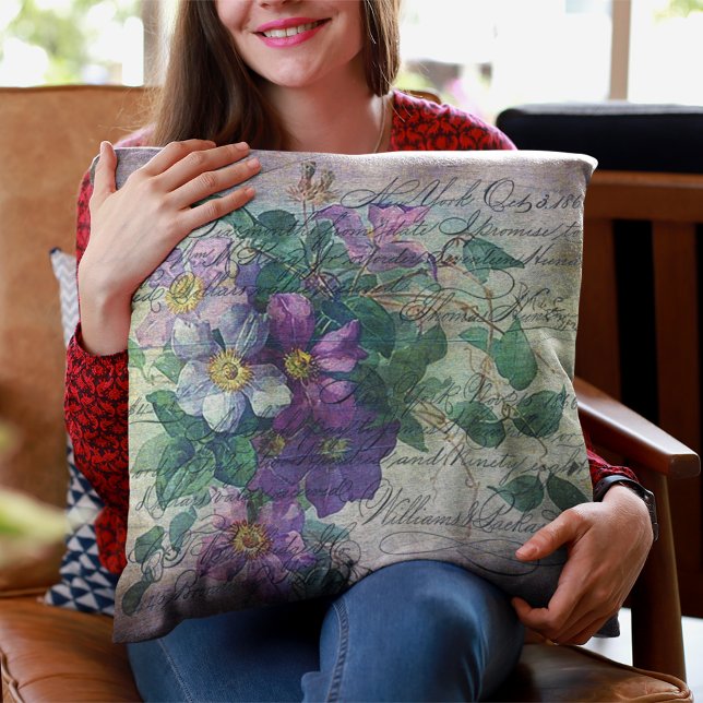 Clematis Vine Handwriting Ephemera Throw Pillow (Creator Uploaded)