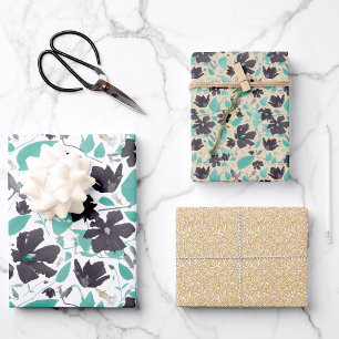 Clematis Watercolor Teal Gray Floral Wrapping Paper Sheets