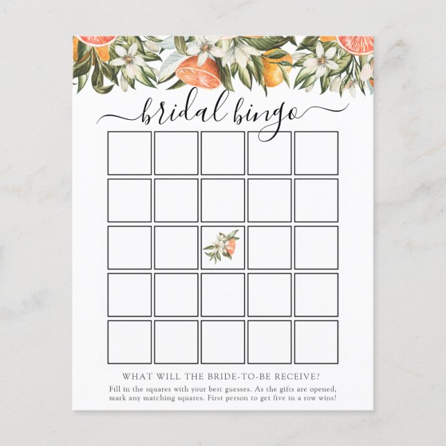 Clementines Bridal Shower Bingo Game Card (Front)