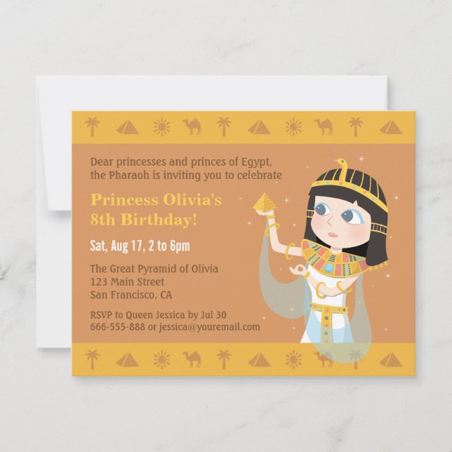 Cleopatra Egyptian Themed Kids Birthday Party Invitation (Front)