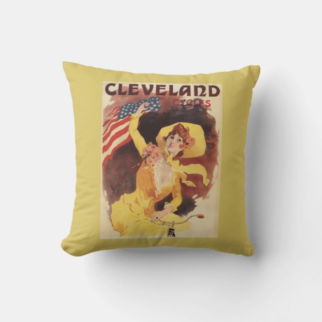 Cleveland Bicycles American Girl in Yellow Throw Pillow (Front)
