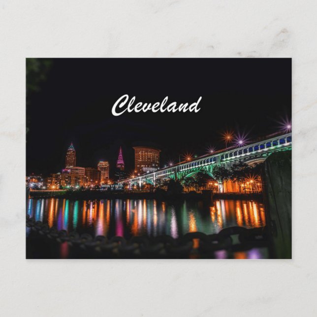 Cleveland City River Bank night Postcard (Front)