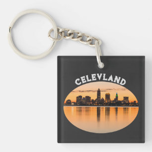 Cleveland city sunset skyline football shape keychain