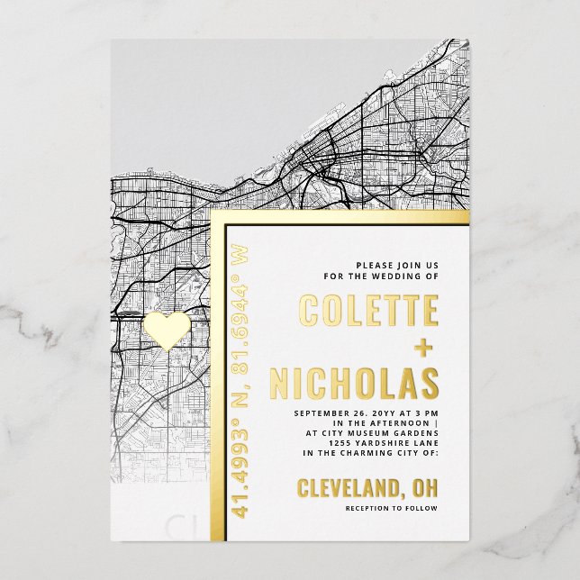 Cleveland Love Locator | City Themed Wedding Foil Invitation (Front)