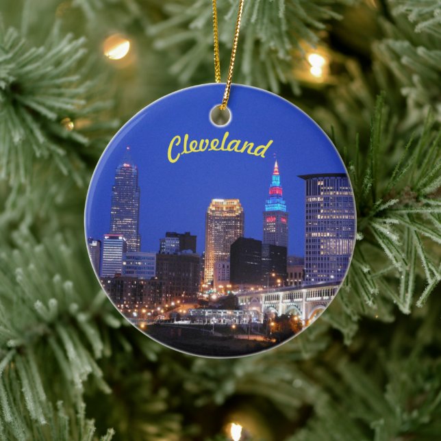 Cleveland Night Skyline Ceramic Ornament (Tree)
