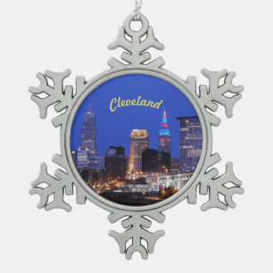 Cleveland Night Skyline Snowflake Pewter Christmas Ornament