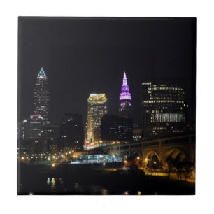 Cleveland, OH Night Skyline (Purple) Ceramic Tile