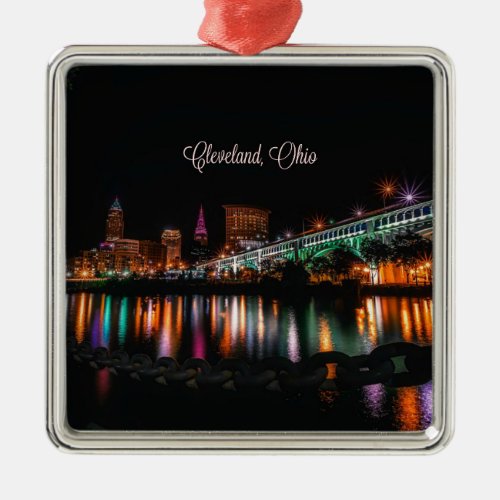 Cleveland Ohio at night labeled Metal Ornament