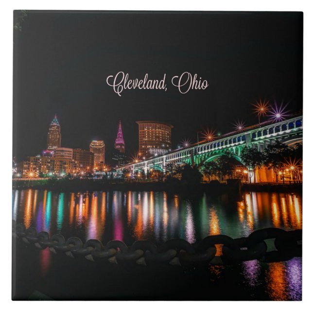 Cleveland, Ohio cityscape, labeled Ceramic Tile (Front)