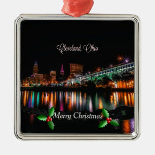Cleveland, Ohio cityscape, Merry Christmas Metal O Metal Ornament