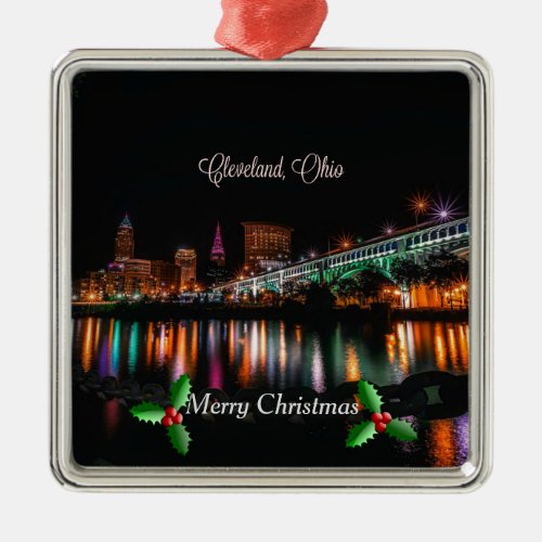 Cleveland Ohio cityscape Merry Christmas Metal O Metal Ornament