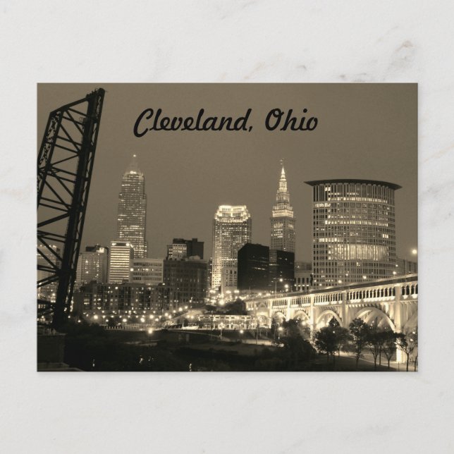 Cleveland Ohio Sepia Skyline Night Postcard (Front)