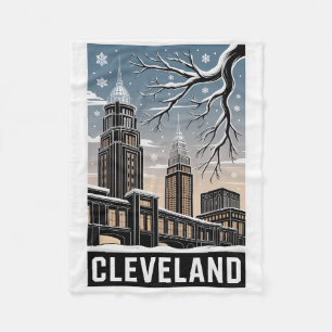 Cleveland Ohio Skyline Winter Woodcut Black&White Fleece Blanket