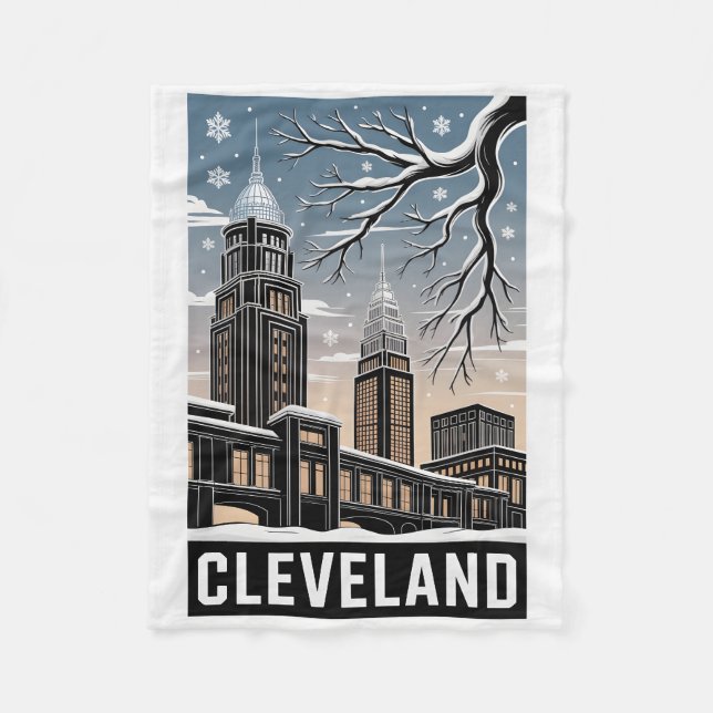 Cleveland Ohio Skyline Winter Woodcut Black&White Fleece Blanket (Front)