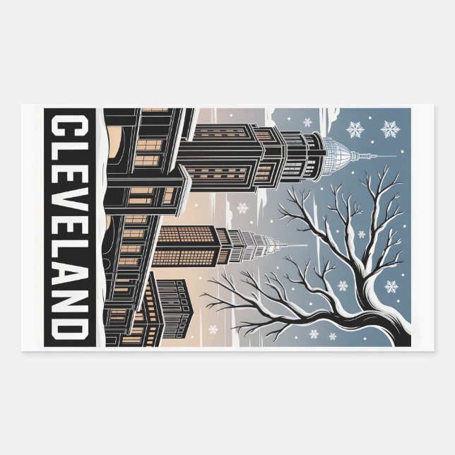 Cleveland Ohio Skyline Winter Woodcut Black&White Rectangular Sticker (Front)