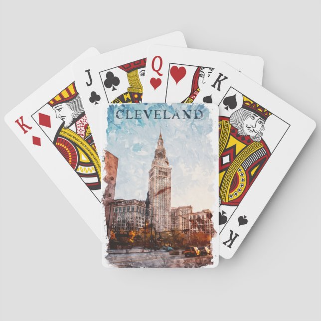 Cleveland Ohio Watercolor City View Poker Cards (Back)
