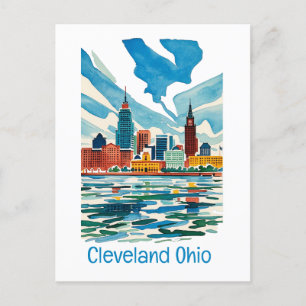 Cleveland Ohio Watercolor Skyline Holiday Postcard