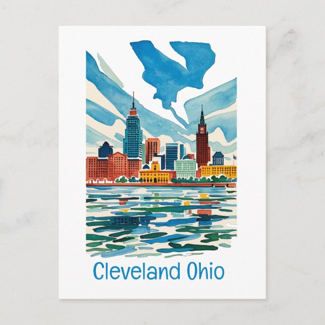 Cleveland Ohio Watercolor Skyline Holiday Postcard (Front)